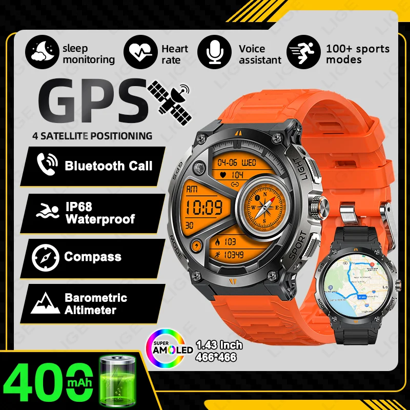 

LIGE 2025 New GPS Track Sports Smartwatch Outdoor RIDE Run Compass Altimeter IP68 Fitness Bracelet 400mAh AMOLED BT Call Watches