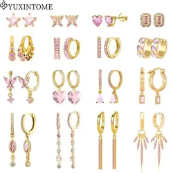 Luxurious 925 Sterling Silver Needle Pink Crystal Hoop Earrings for women geometry Pendant Fashion Earrings Luxury Jewelry Gift
