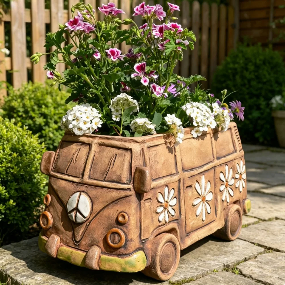 Vintage Hippie Van Resin Planter Creative Flower Pot Indoor Outdoor Garden Decor Succulent Plant Holder Car Model Decoration