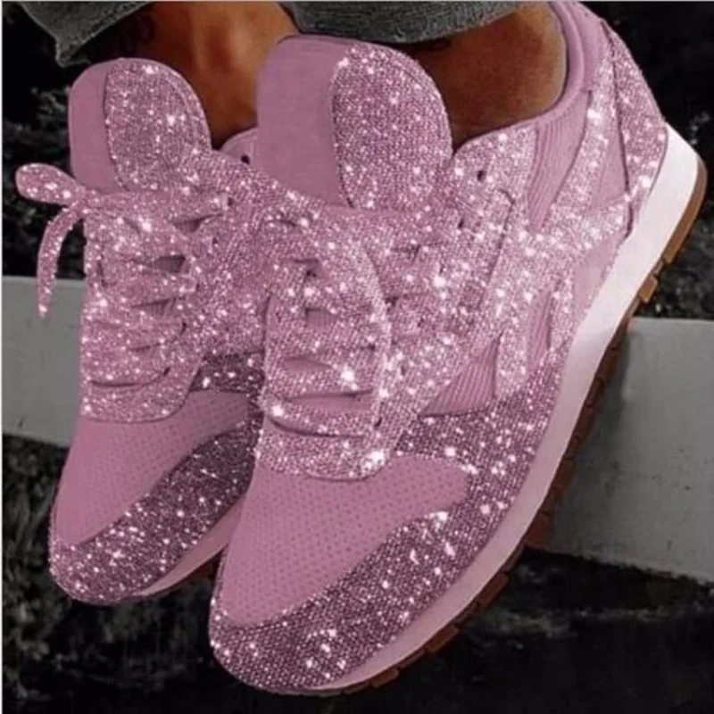 New Style Women Casual Lace Up Sneakers Outdoor Sport Running Shoes Glitter Shoes Mesh Flat Shoes Ladies Sequin Vulcanized Shoes