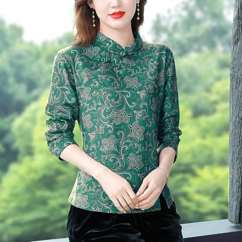 

Новая китайская рубашка на пуговицах для женщин, рубашка с длинными рукавами и цветочным принтом, утолщенный тонкий короткий топ Cheongsam для матери