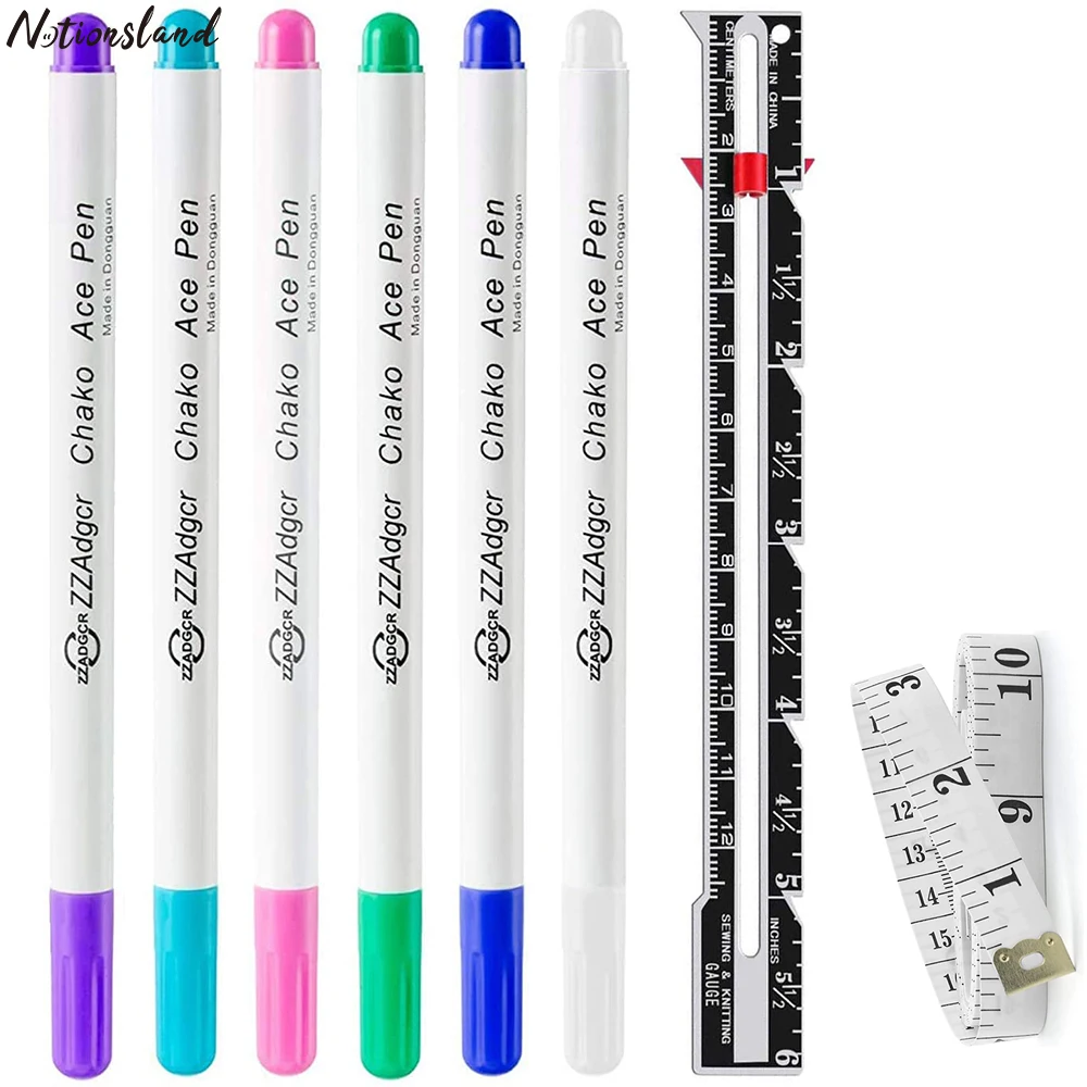 6 Color Water Soluble Erasable Marking Pens&1Pcs Gauge Sewing Measuring Tool&Tape Measure for Sewing Fabric Markers