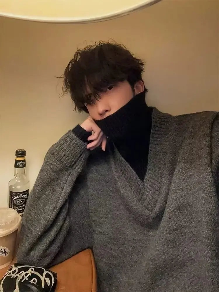 

Американский ретро-свитер с V-образным вырезом и длинными рукавами, вязаный, повседневный, свободный, мужской, удобный, для отдыха, зимний топ