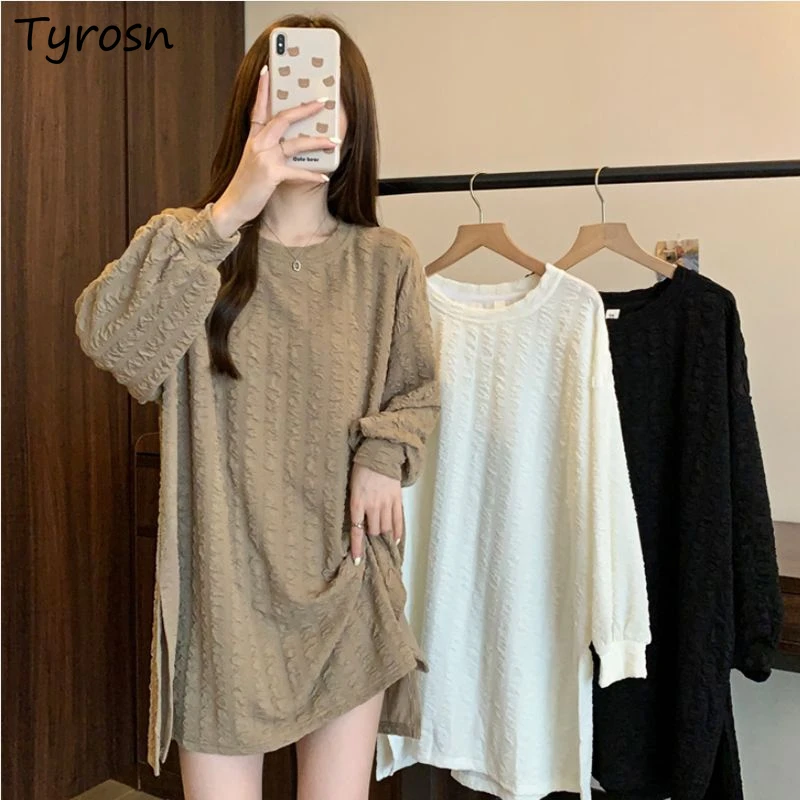 

L-4XL T-shirts Women Autumn Loose Comfortable Design Pleated Solid Retro Simple Side Slit Fashion All-match Korean Style Leisure