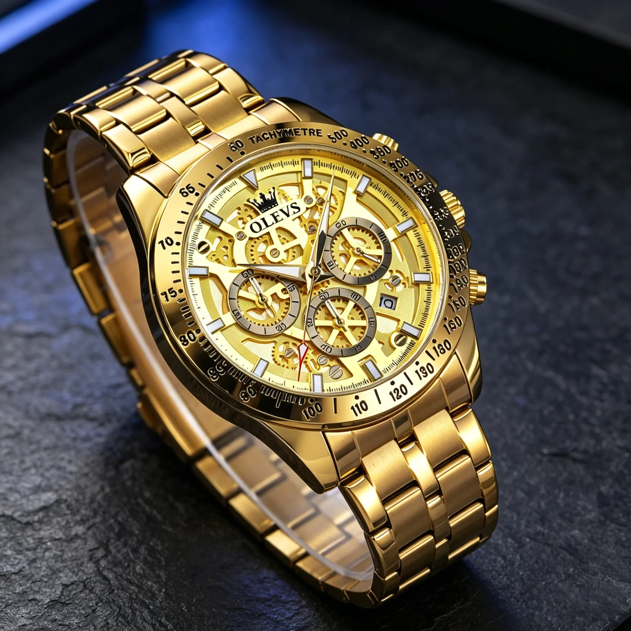 OLEVS Luxury Brand Gold Quartz Watch Skeleton Stainless Steel Chronograph Wristwatch Waterproof Luminous Men's Watches 9913