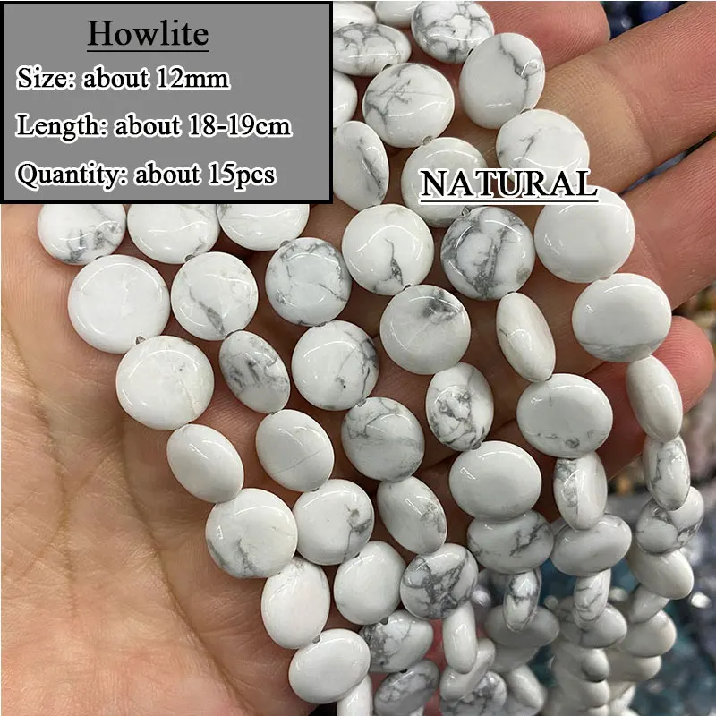 Natural Stone Flat Round Cake Shape Crystal Agates Turquoise Loose Smooth Spacer Beads for Jewelry Making Diy Bracelet 12mm