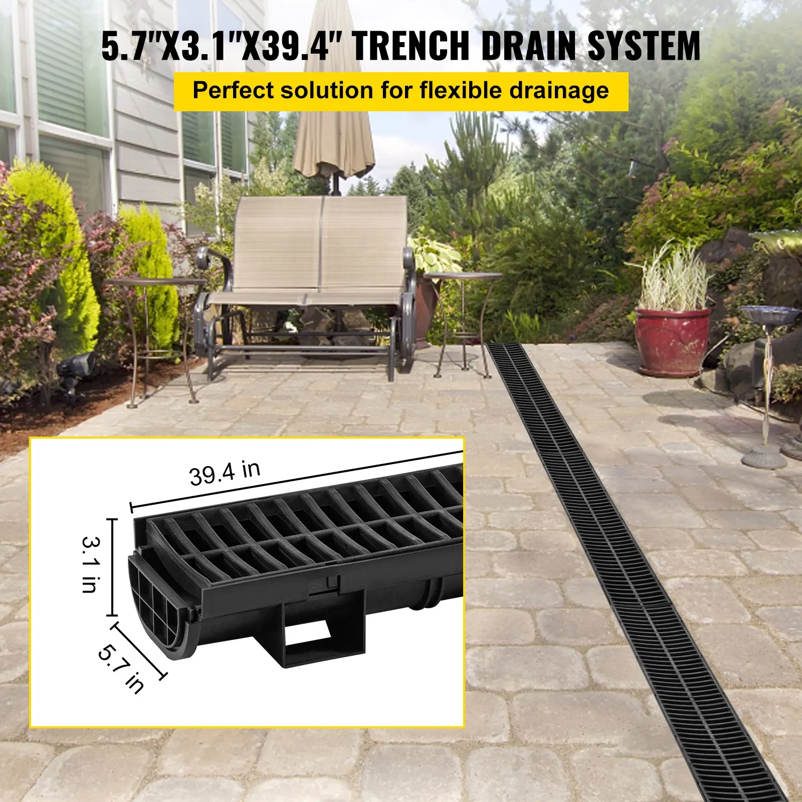 

Trench Drain System, 5.7x3.1x39-Inch HDPE Drainage Trench,Channel Drain With Plastic Grate, Black Plastic Garage Floor Drain,