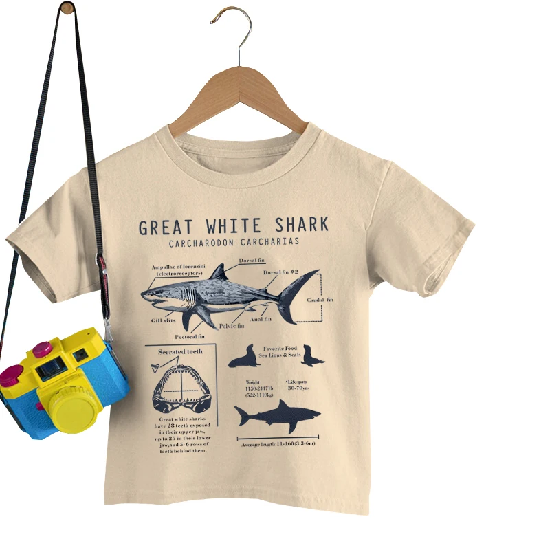 Great White Shark Print T-Shirts Summer Casual Short Sleeve T-Shirt With Slogan And Shark Print T-shirts For Children Boys