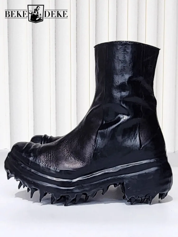 

Concise Male Genuine Leather Platform Handmade Boots Solid Color Horsehide Round Toe Zipper Comfortable High Top Footwear