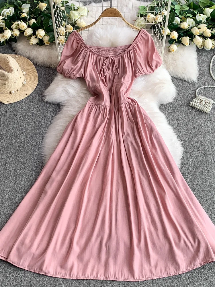 een Elely Tied Square Collar Bubble Sve Dr Women's Summer Pleated Waist Cinching Slimming Maxi Skirt Korean Sle