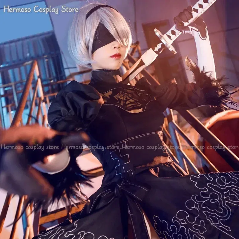 Nier Automata Cosplay Costume Women Girls Yorha 2B Dark Gothic Outfit Wig Disguise Costume Plus Size Fancy Party Black Dress
