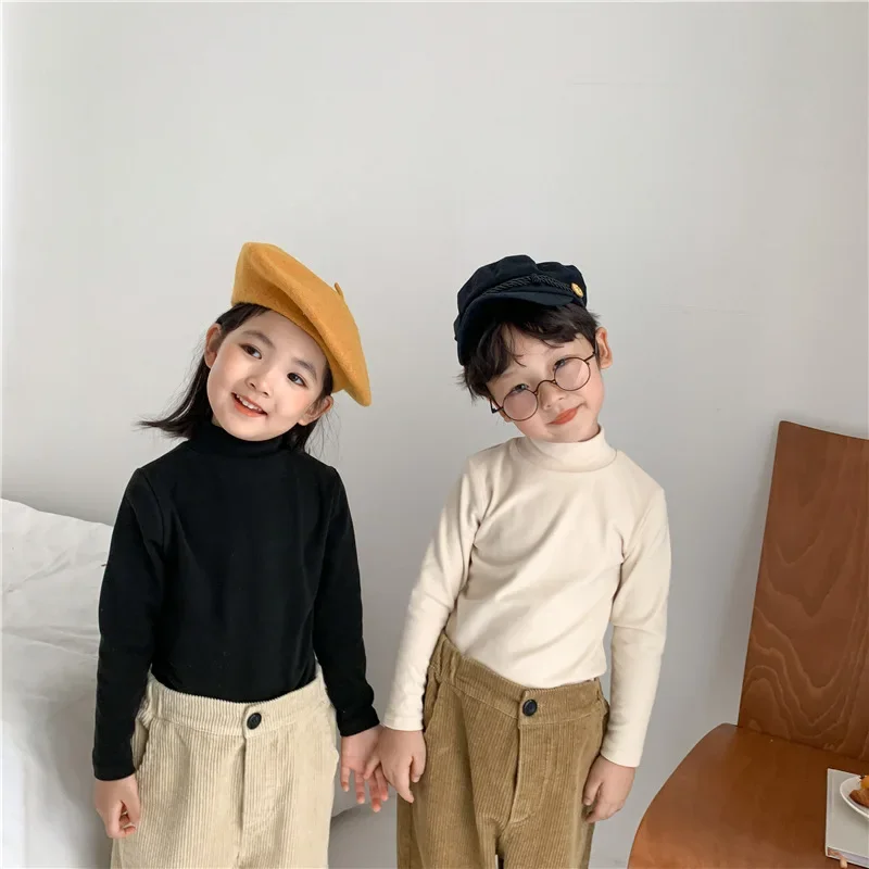 Girls Top 2024 Autumn New Childrens Clothing Boys and Girls Foreign Style Solid Color Semi-high Neck Elastic Base Shirt Casual