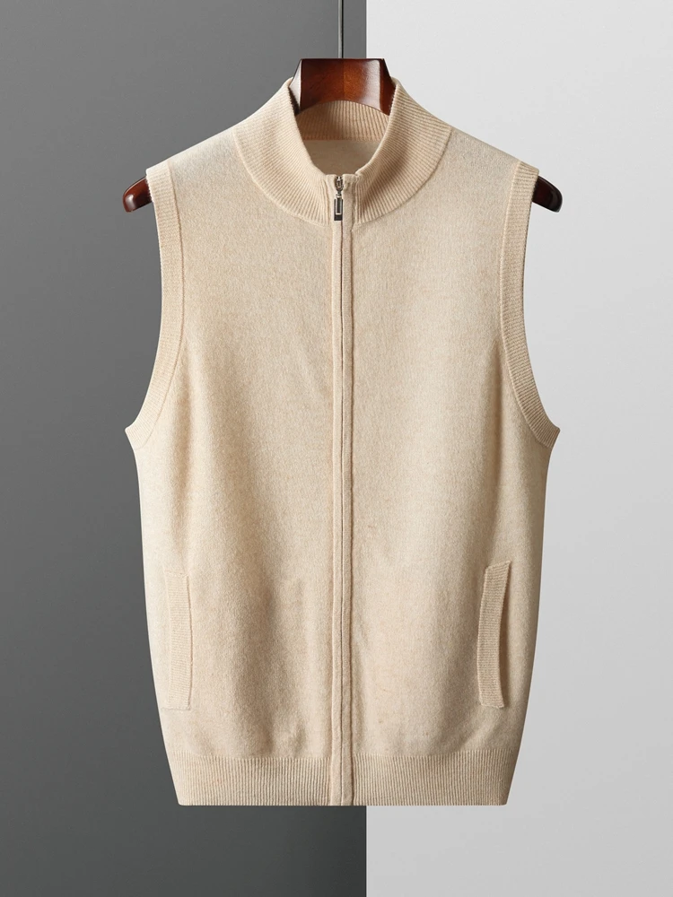 Men Mock Neck Wool Vest Zippers Sweater Cardigans Autumn Winter Pockets Cashmere 100% Merino Wool Knit Sleeveless Waistcoat Tops