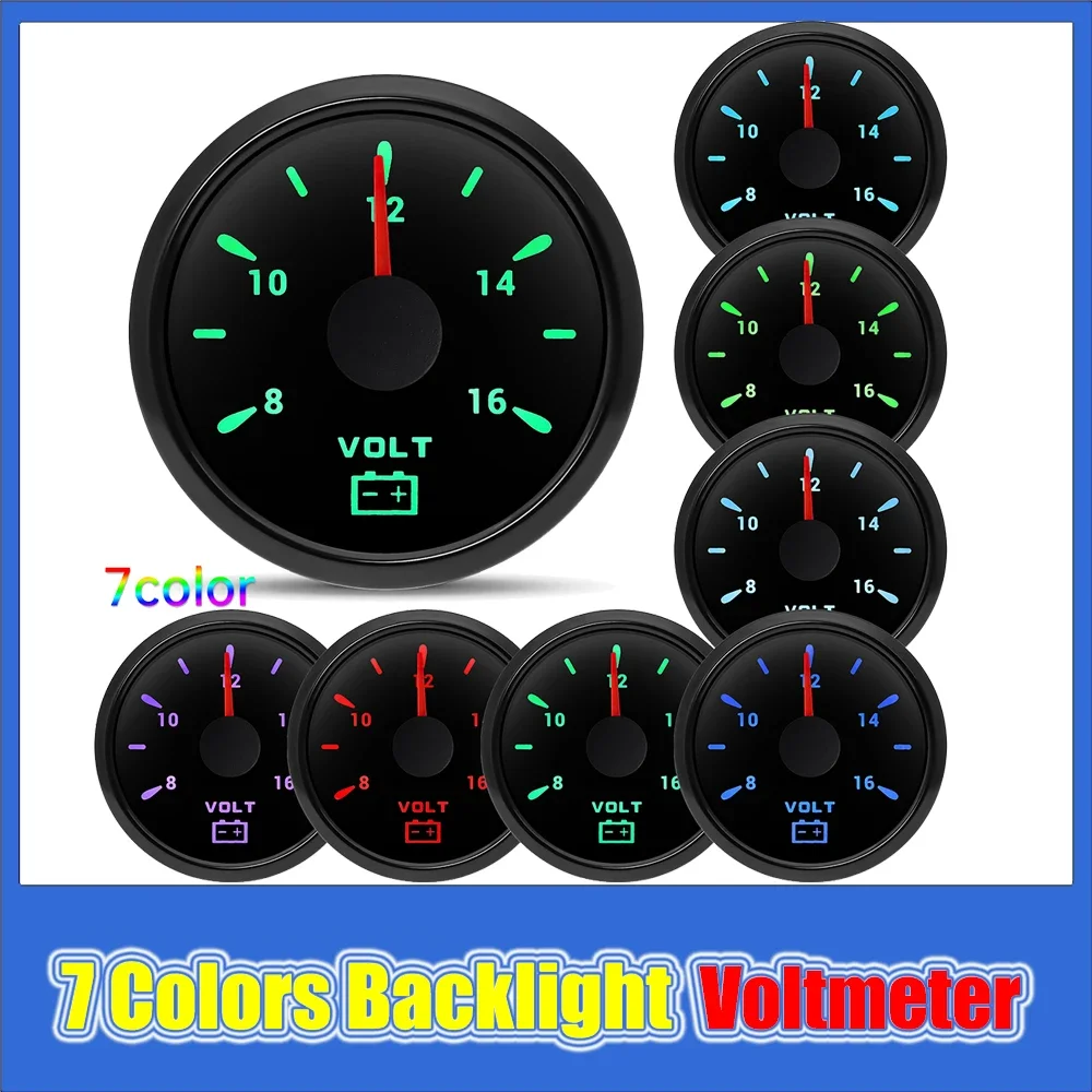 8-16V/16-32V Waterproof 7 Colors Backligh Car Voltmeter 52mm LCD IP67 Voltage Meter Nti-fog Glass for Auto Boat Yacht RV