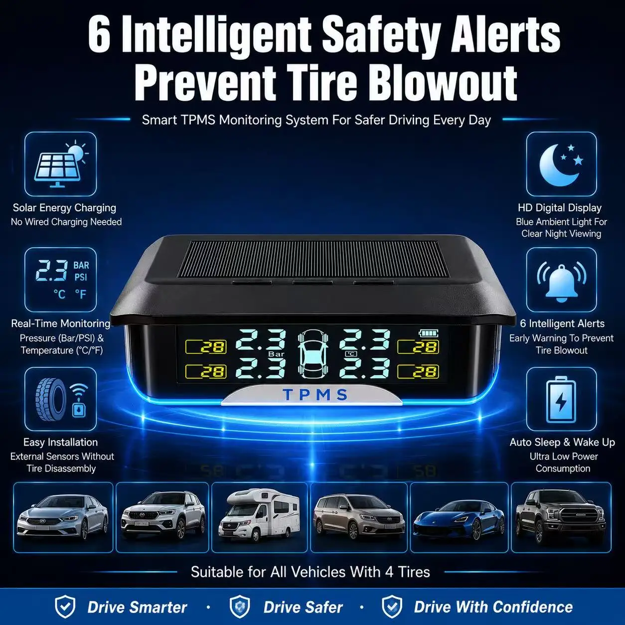 Solar Wireless TPMS Tire Pressure Monitor with LCD Screen. Real-time Tire Pressure & Temp Tracking, 6 Smart Alarm Modes, 4 Exter
