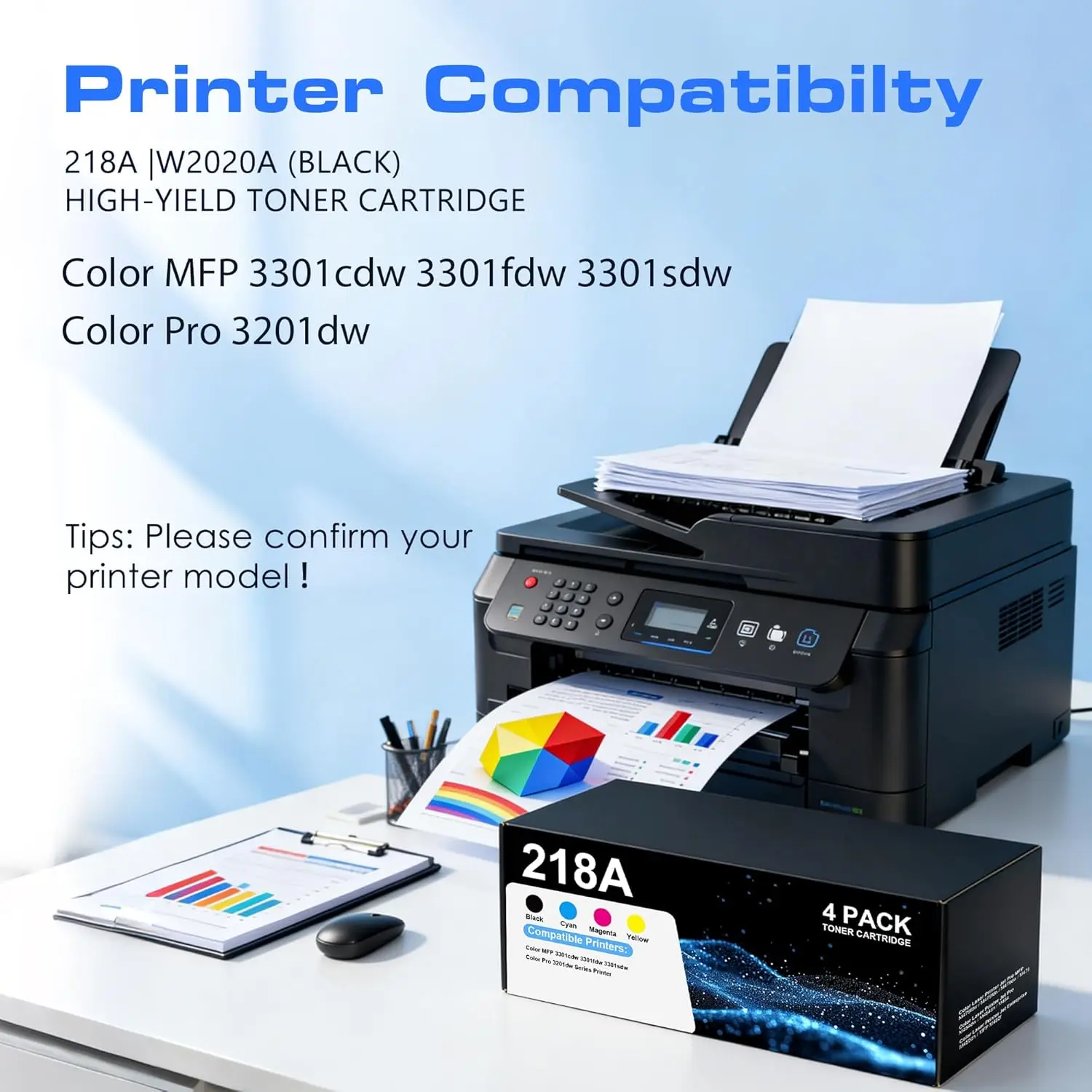 4-Pack High-Yield 218A Toner Cartridges with Chip (Cyan, Magenta, Yellow, Black) - Replacement Compatible for 218A/218X Toner, Use with Color MFP 3301cdw, 3301fdw, 3301sdw, Color Pro 3201dw Series Printers