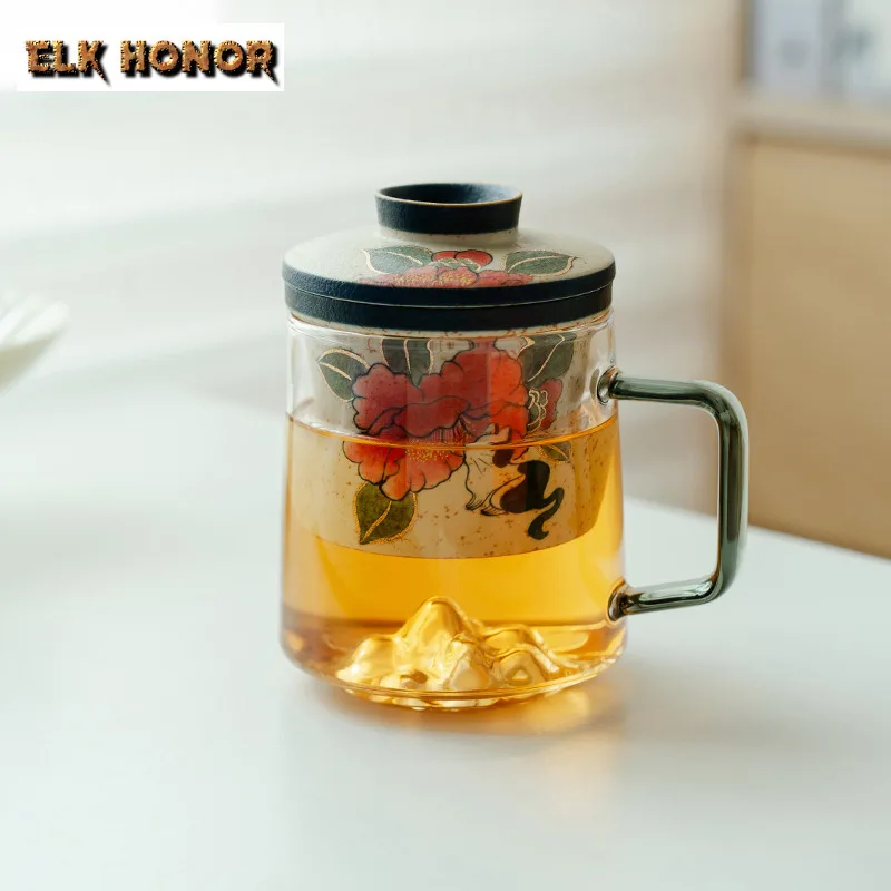

450ml Hand-painted Cat Play Camellia Glass Filter Tea Separator Cup Luxury Tea Mug With Infuser Tea Making Office Water Cup Gift
