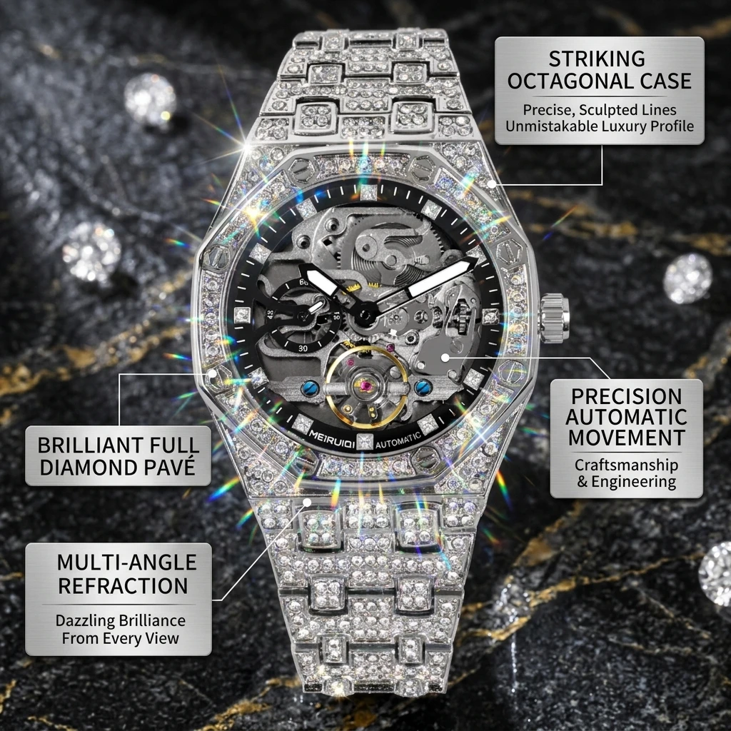 1pcs Trendy Hollow Mechanical Watch Full Inlaid Shiny Design Personalized Fashion WristDaily Style