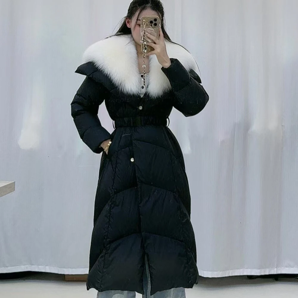 الثعلب الفراء طوق الأبيض أوزة أسفل معطف جديد الخريف الشتاء ملابس النساء طويلة سميكة الدافئة الفراء الحقيقي رقيق سترة منفوخة الإناث