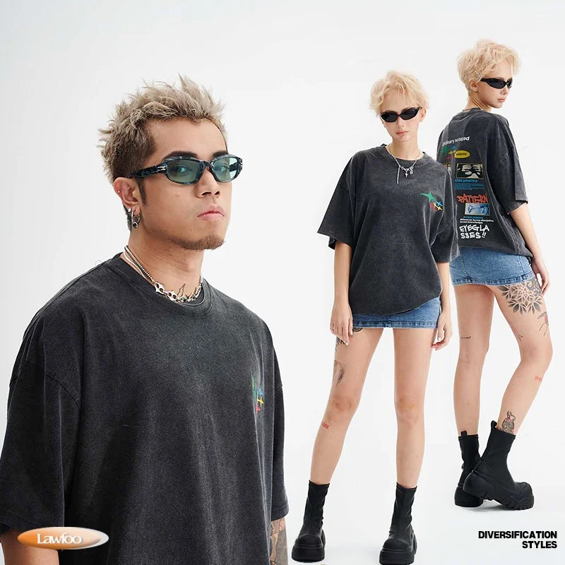 

Retro Washed American Style T-Shirt Loose Fit Couple's Tee Spring Summer Trendy Cotton Short Sleeve Printed Text Idea