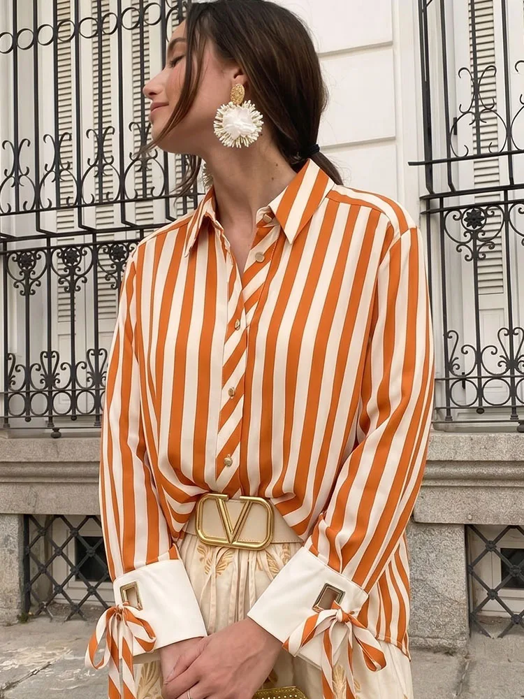 HH Women Spring Coastal Casual Striped Button Up Shirt Collared Self Tie Cuff Long Sleeve Blouse For Beach Resort Vacation Wear