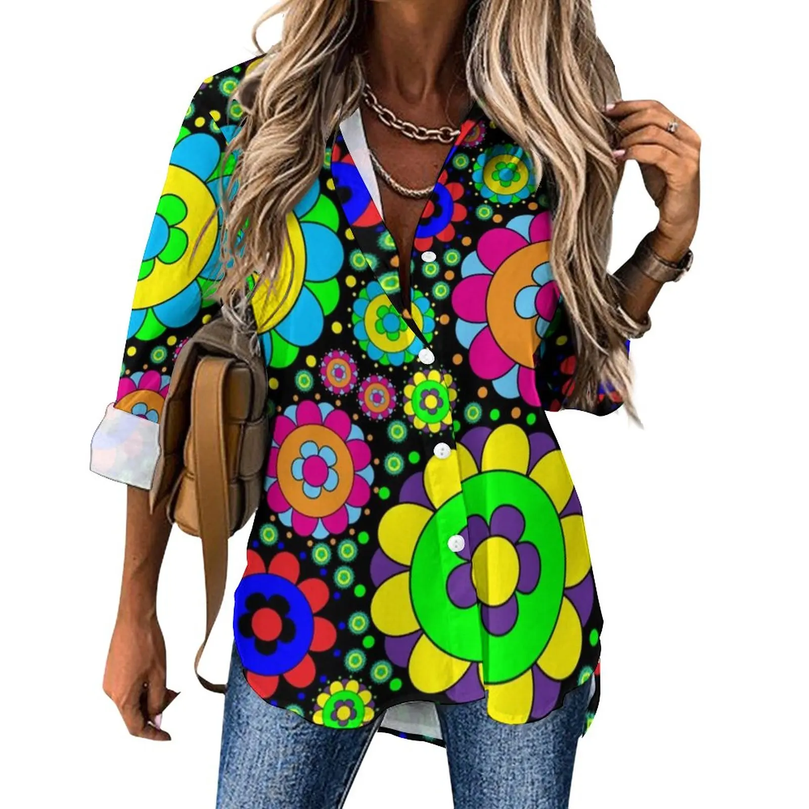 

Flower Power Vintage Casual Blouse Long Sleeve 60s 70s Hippie Print Blouses Basic Oversize Shirt Graphic Tops Birthday Present