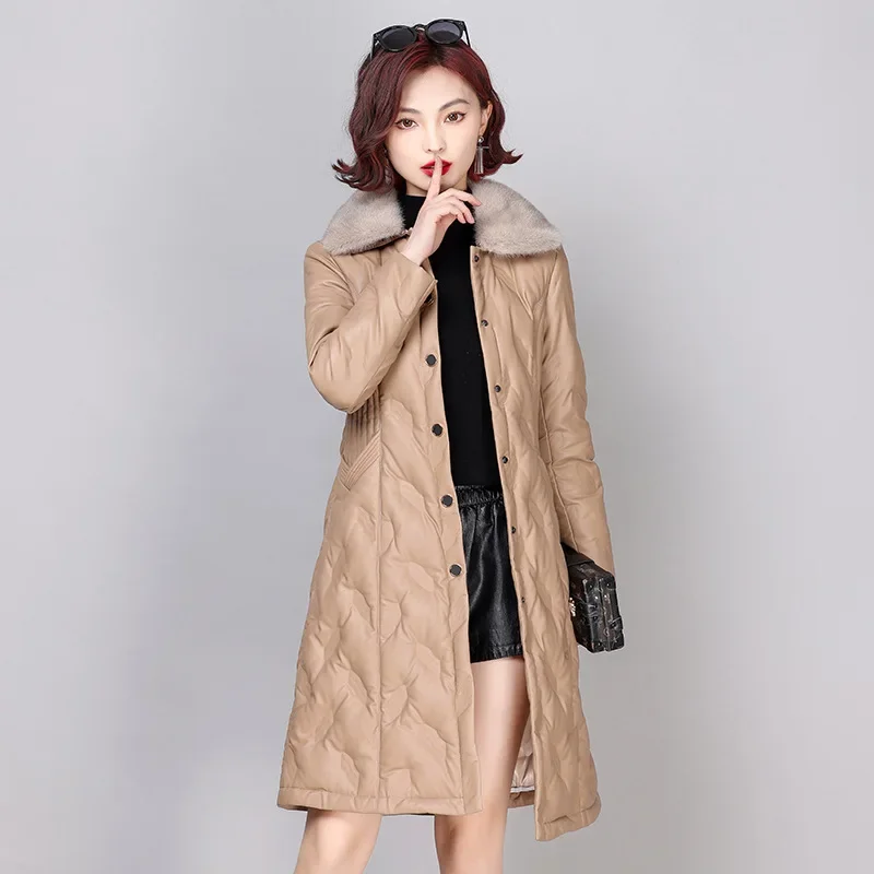 Genuine Leather Jacket Women Autumn Winter White Duck Down Jackets for Women Mid-length Down Coats Female Parkas Mink Fur Collar