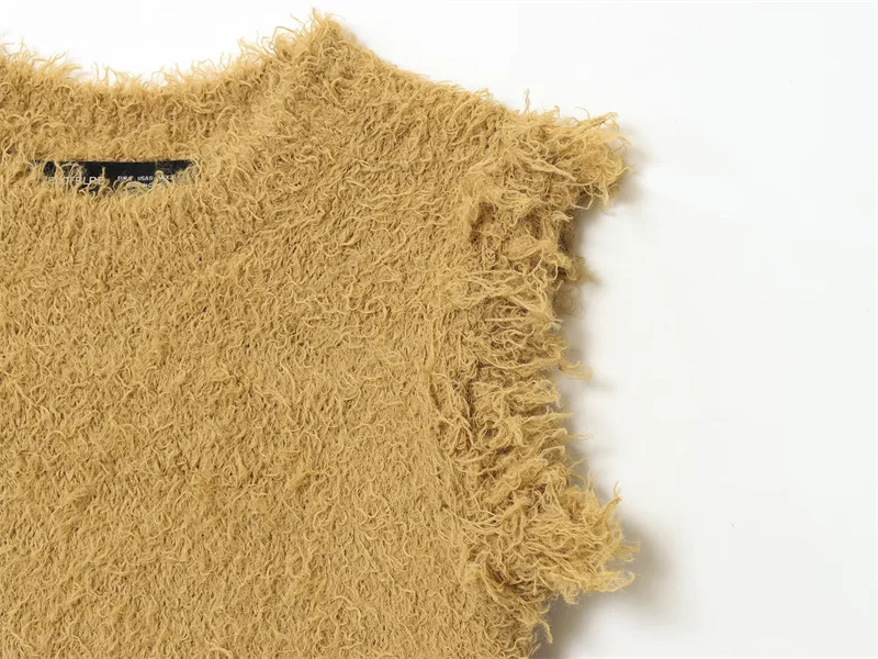 2025 top feminino outono novo estilo camelo sem mangas efeito de pele sintética pulôver de malha top casual moda personalidade