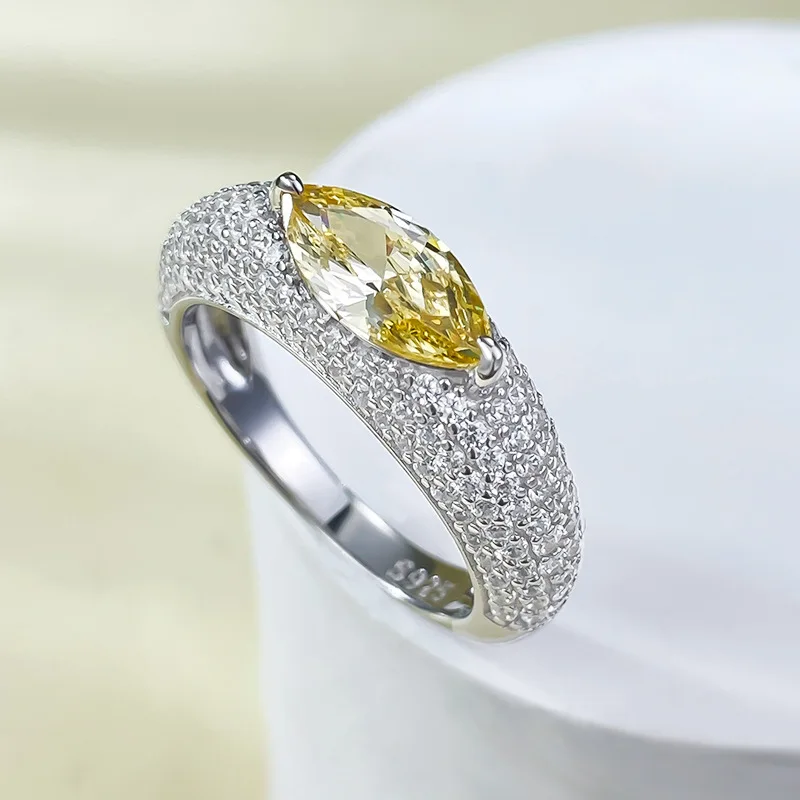 New 925 Silver Luxury Set with Full Diamond 5 * 10 Yellow Diamond Horse Eye Personalized Ring for Women's Wedding Jewelry