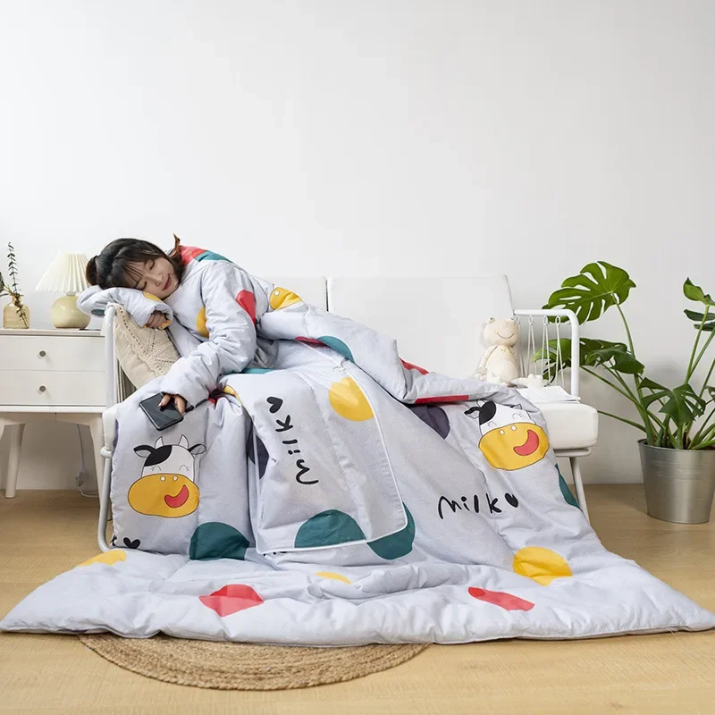 Multifunction Lazy Quilt with Sleeves Winter Warm Thickened Washed Blanket Dormitory Mantle Covered Wearable Quilted Comforters