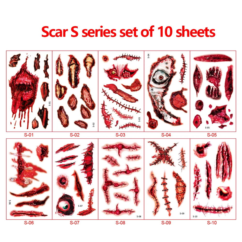 Zestaw 10 wodoodpornych naklejek tatuaży na Halloween, blizny, rany horroru, dla mężczyzn na imprezę, makijaż imprezowy, naklejki na twarz dla kobiet, festiwal, cosplay