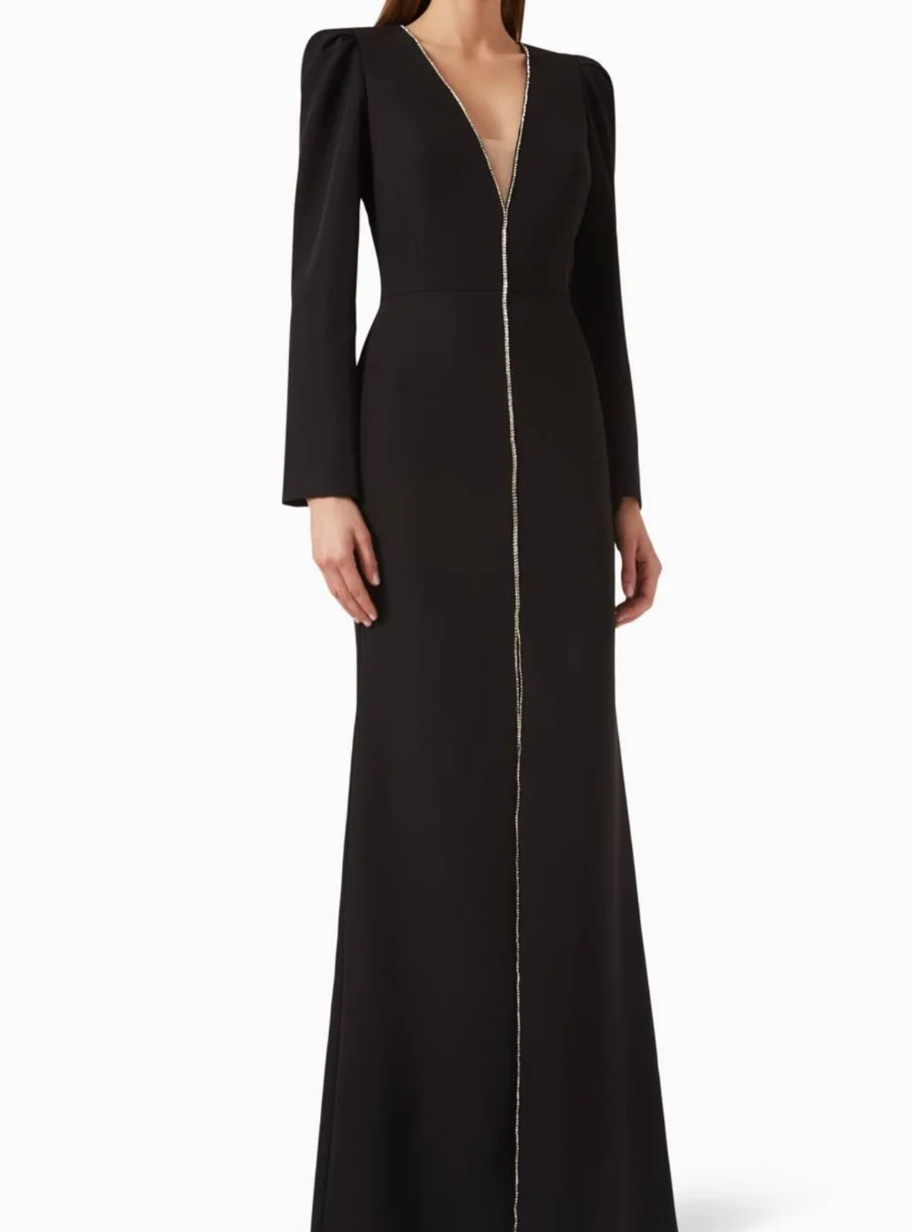 

Customized Black Modern Style Casual Jersey Rhinestone Pleat Column V-neck Long Dresses Evening Dresses for Woman High Quality