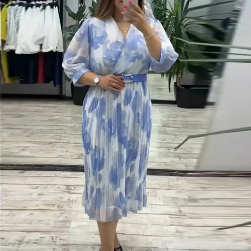 Elegancka sukienka do pracy z dekoltem w serek, długim rękawem, wzorem i drapowaniem, długa sukienka codzienna z wysokim stanem, rozkloszowana sukienka na imprezę.