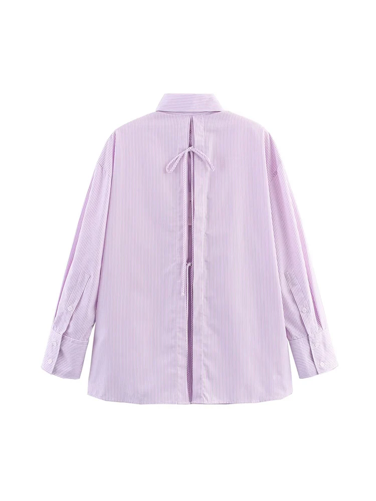 TFMLN 2025 قميص نسائي جديد عادية فضفاض كم طويل بلوزة مخططة كلاسيكية قمة الموضة النسائية القوس الخلفي الدانتيل يصل الشارع الشهير #2