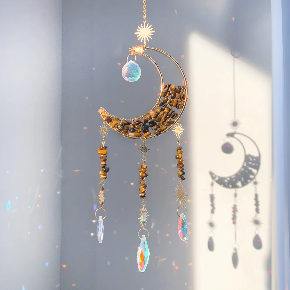 Custom Natural Rose Quartz Suncatcher - Wire Wrapped Crescent Moon Prism Window Hanging Decor