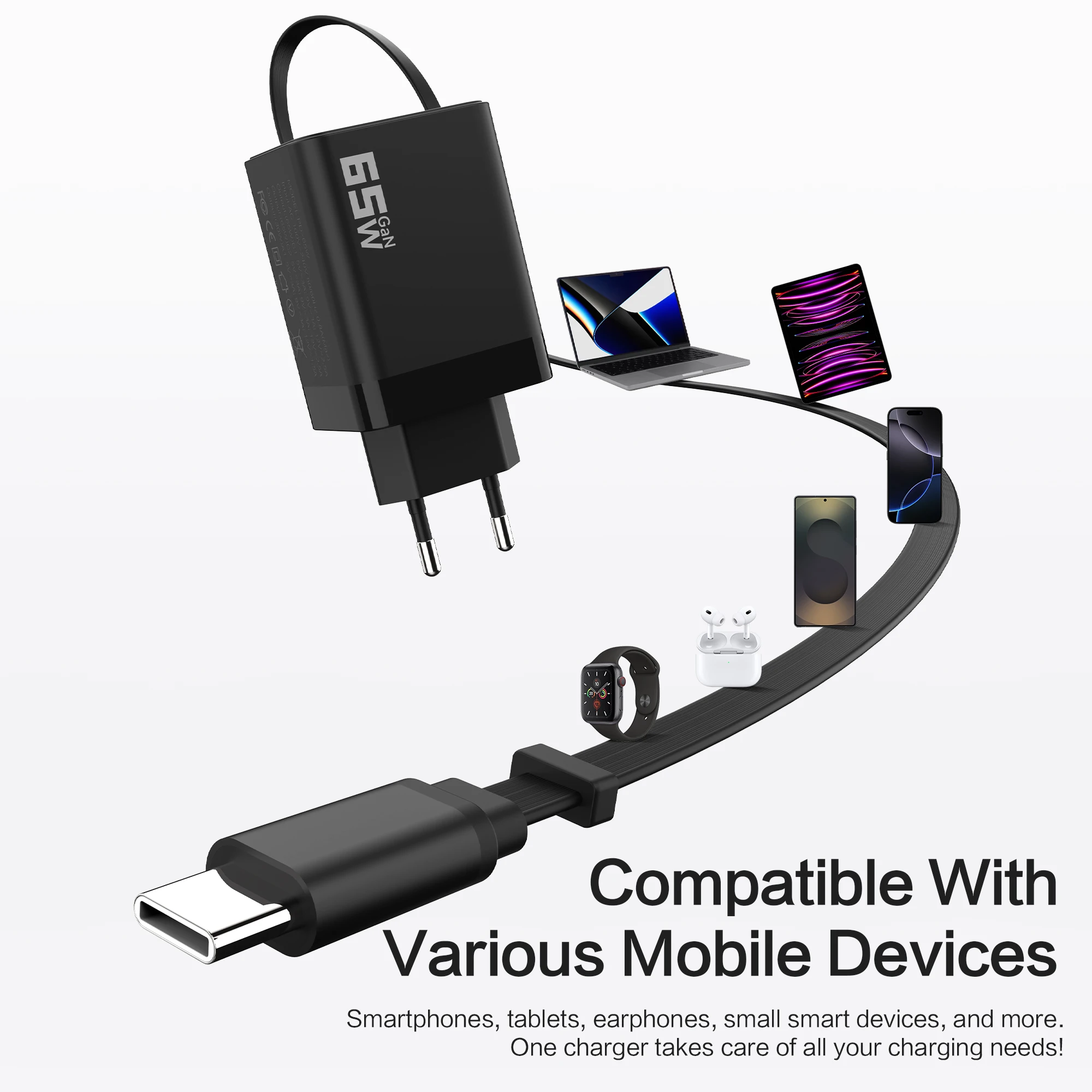 GaN Ladegerät PD65W Eingebautes ausziehbares USB-C-Kabel USB-C-Anschluss USB-A-Anschluss EU-Stecker Stromversorgung 30 W + 35 W einziehbares Kabel US-Stecker