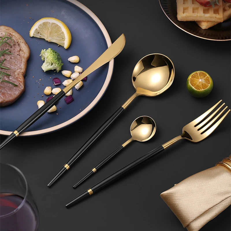 Luxury Portugal Tableware Stainless Steel Cutlery Steak Knife Dessert Fruit Fork Dining Spoon Western Gold Set Kitchen Utensils