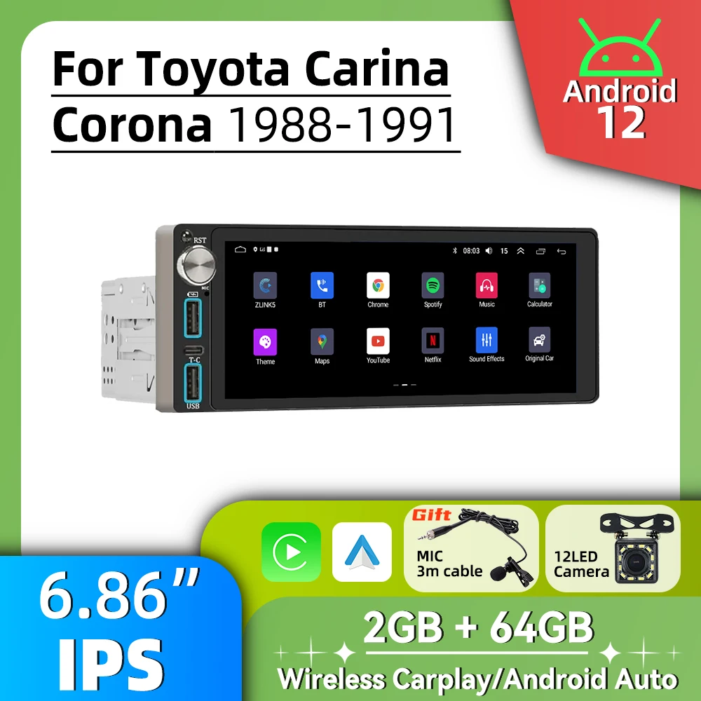 1Din Autoradio Android Multimedia para Toyota Carina Corona 1988-1991 6,86 "pantalla estéreo unidad principal Carplay Auto GPS BT