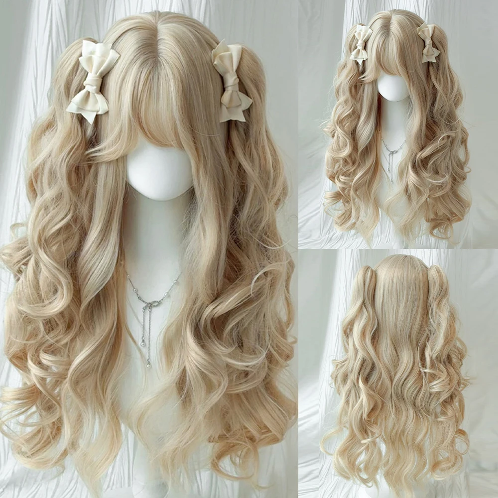 blonde-synthetic-wigs-with-double-ponytail-clip-long-wavy-fluffy-women-lolita-cosplay-wig-with-bangs-for-daily-party