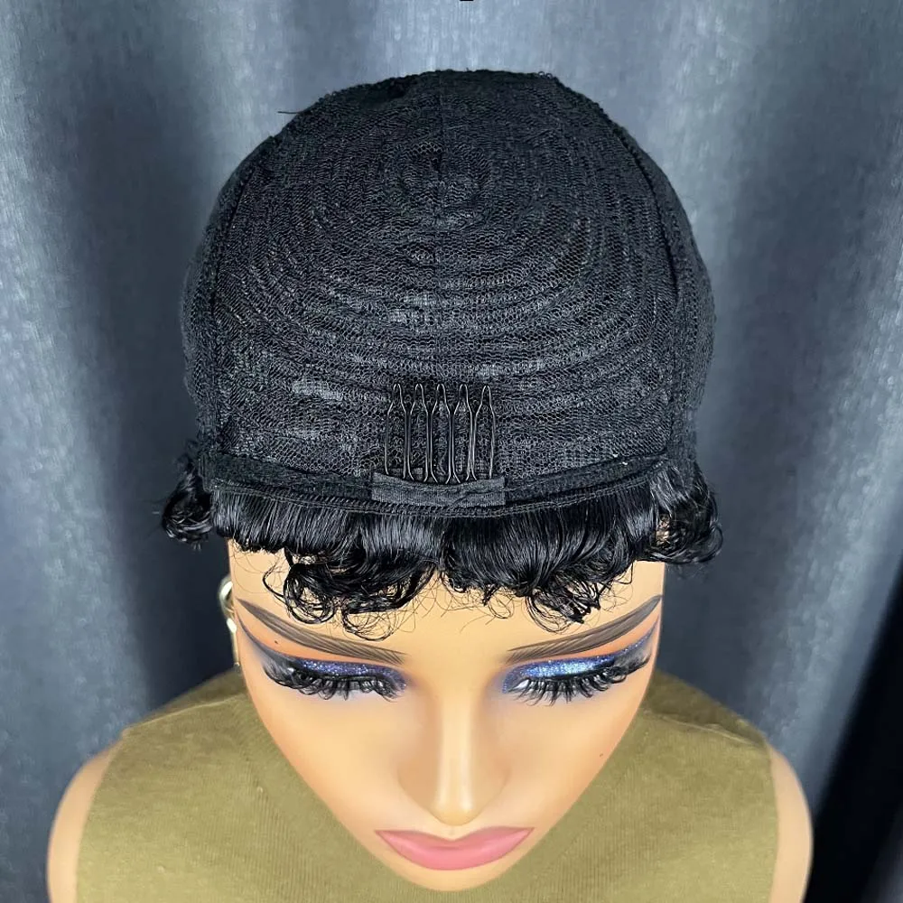 Натуральный черный вьющийся парик с стрижкой пикси для чернокожих женщин, машинный парик из человеческих волос для ежедневного использования