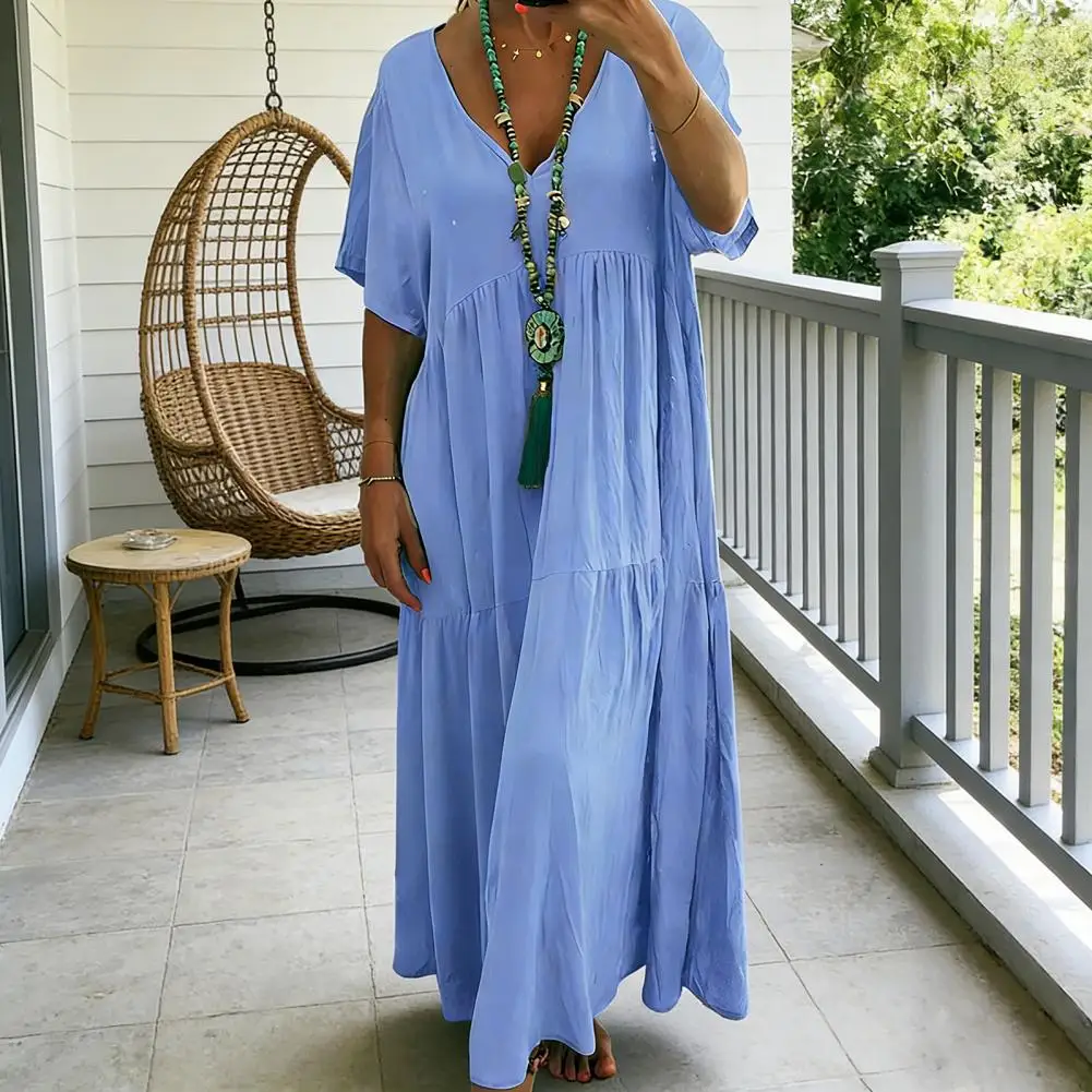 Damenkleid, Sommerkleid, übergroß, locker, fließend, aus Baumwolle und Leinen, langer Rock, Strandkleid, V-Ausschnitt, locker, lässig und bodenlang