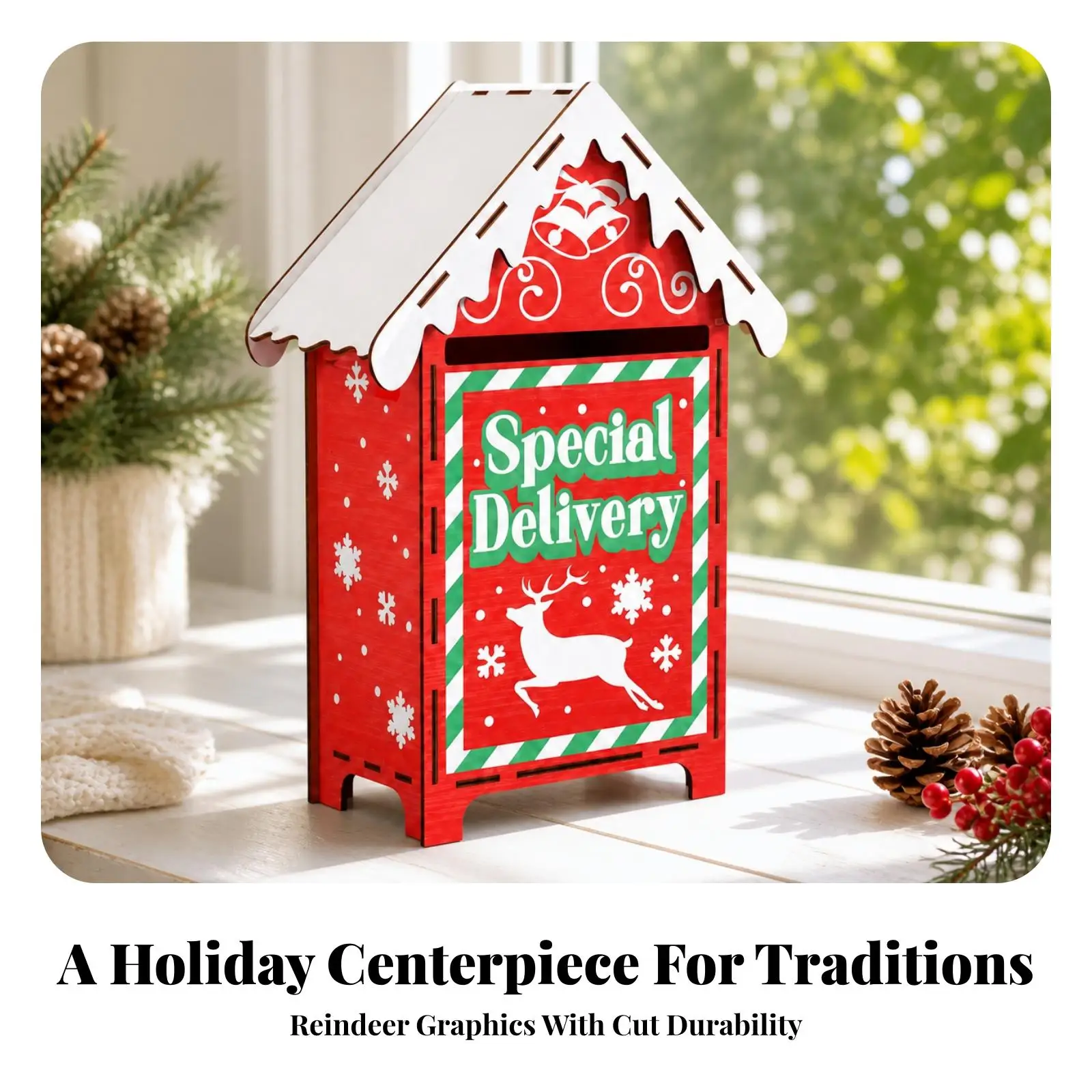 Christmas Mailbox Wooden Decor for Mantel Entryway Table with Snowflake Design and Reindeer Motif Holiday Accent