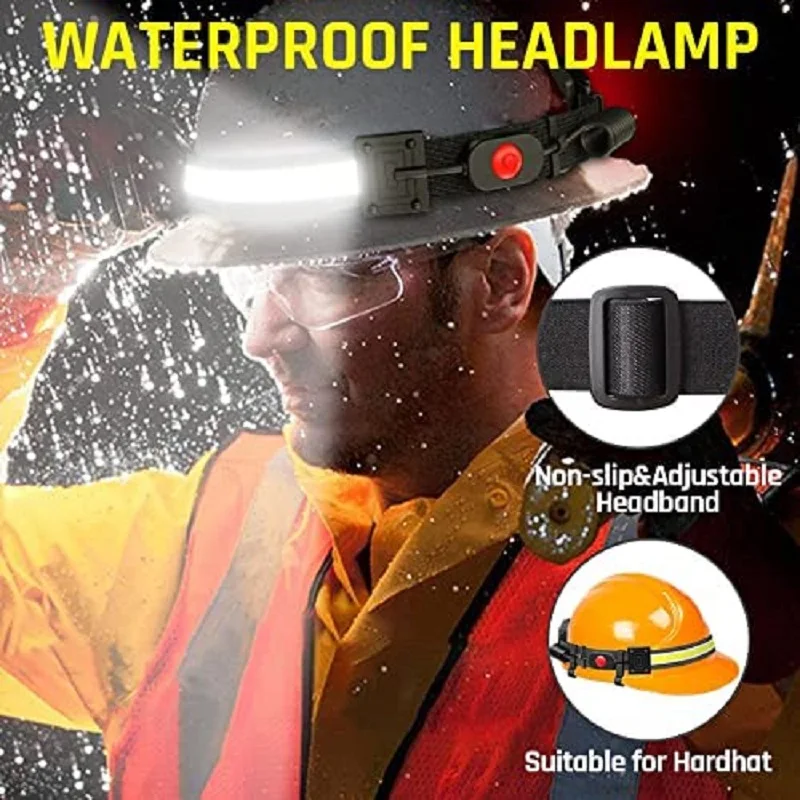 Wide Beam LED Headlamp COB Rechargeable Headlight Super Bright Head Lamp Running Light Headlamps for Camping Hardhat Headlamp