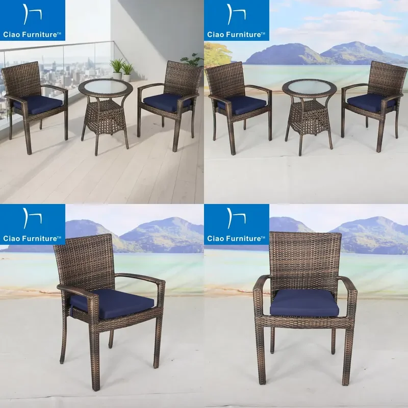 2026 Outdoor 3 Pcs Bistro Set Balcony Rattan Round Coffee Table and Stackable Garden Dining Chair Set