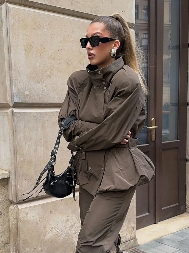 HH Woman Spring Fashion Long Sleeves Stand Collar Double Breasted Belt Decoration Loose Windbreaker Female Keep Warm Jacket