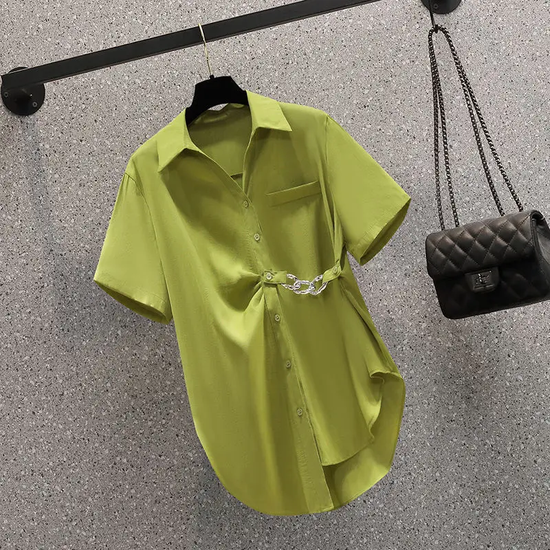 2022 Loose Casual Elegant Women\'s Pants Set Chain Decorative Chiffon Shirt Work Trousers Two Piece Set Female Tracksuit Blouse