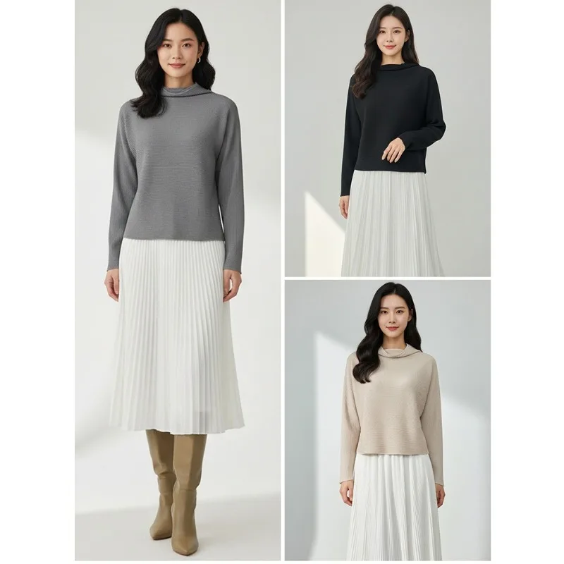 

Miyake Pleated 2025 Spring and Fall New Stacked Collar Ruffled Top Solid Color Bottoming Shirt Bat Sleeve T-shirt Female