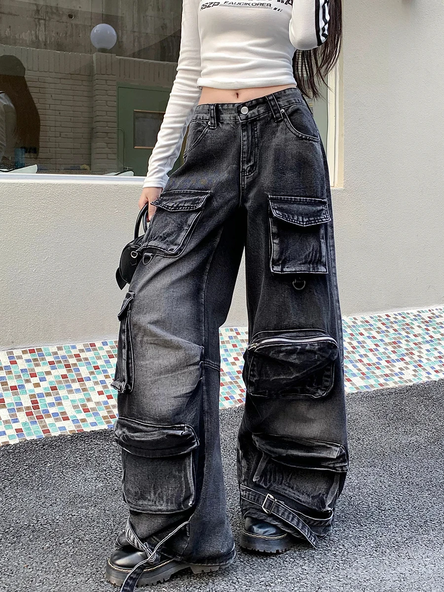 RORORIRI Multi-pocket Denim Wide Cargo Pants Women Vintage Do Old Black Wash High Waist Straight Baggy Jeans Hiphop Streetwear