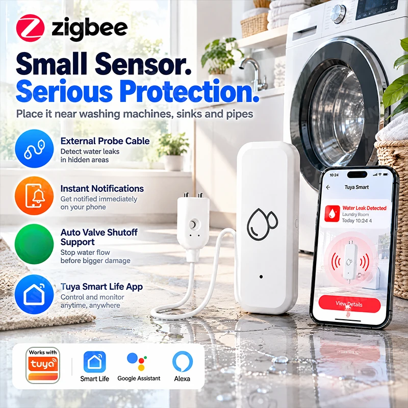 Zigbee3.0 Water Leakage Detector Smart Flood Sensor Alarm Wireless Monitor Works with Alexa Google For Basement Bathroom Kitchen