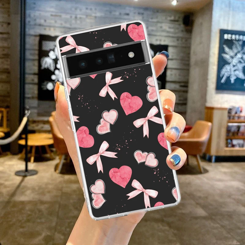Phone Case For Google Pixel 9 8 7 6 9A 8A 7A 6A 5 4 5A 4A 3A Pro XL Soft Clear TPU Transparent Cover Cute Pink Heart Bow